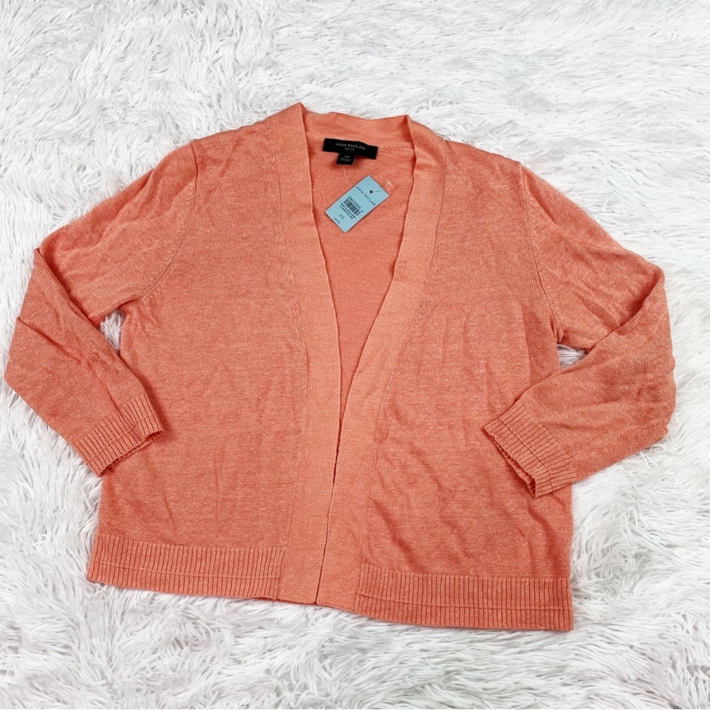 Ann Taylor petite 3/4 sleeve open front linen blend cardigan in orange